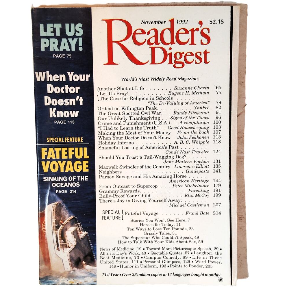 Reader's Digest Magazine November 1992 Back Issue 71st Year, Parson Savage Horse
